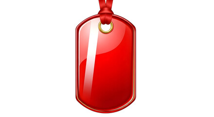 A shiny red tag with a red ribbon and a gold ring, isolated on transparent background