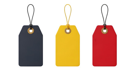 Three colorful price tags, dark blue, yellow, and red, isolated on transparent background