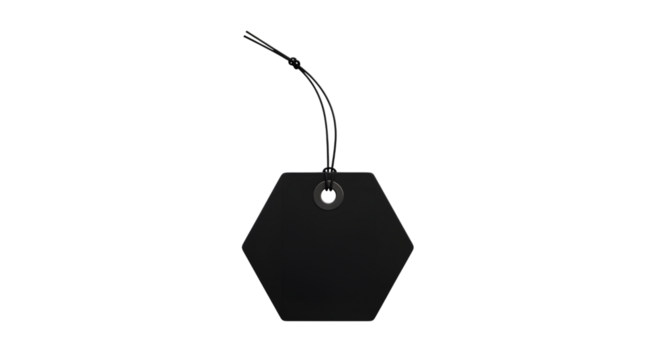 A black hexagonal tag with a string, isolated on transparent background