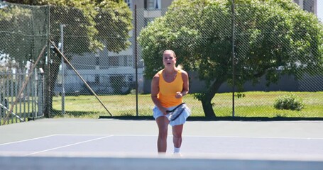 Woman, fitness and playing tennis with racket for sport match, game or training on outdoor court. Female person, athlete or player hitting ball with bat or net for tournament, challenge or exercise
