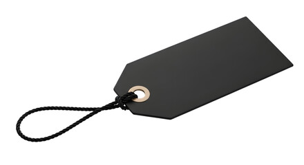 A blank black rectangular tag with a string attached, isolated on a transparent background