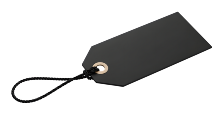 A blank black rectangular tag with a string attached, isolated on a transparent background