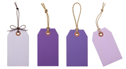 Four blank price tags, gift tags, or labels, isolated on transparent background, featuring a white tag with a bow, two purple tags, and a light purple tag, each with a string for attachment