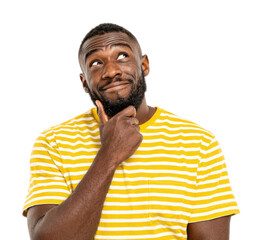 Reflective man pondering ideas portrait isolated on transparent background