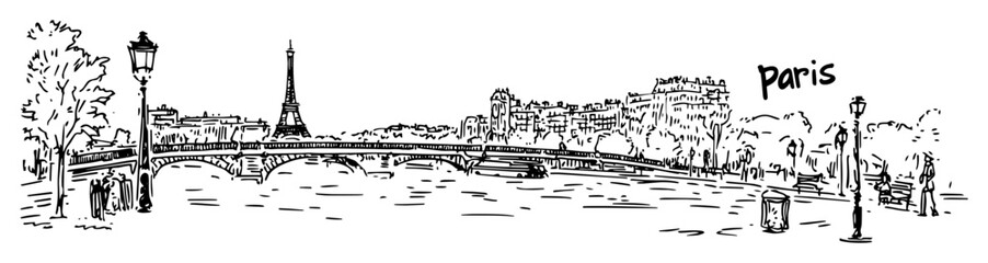 hand-drawn vector illustration of paris with eiffel tower and street in minimal outline sketch style