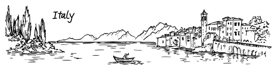 Fototapeta premium hand-drawn vector illustration of italian lakeside village with mountains in monochrome outline style