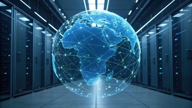 A digital globe representing connectivity and technology, set within a modern data center filled with servers.