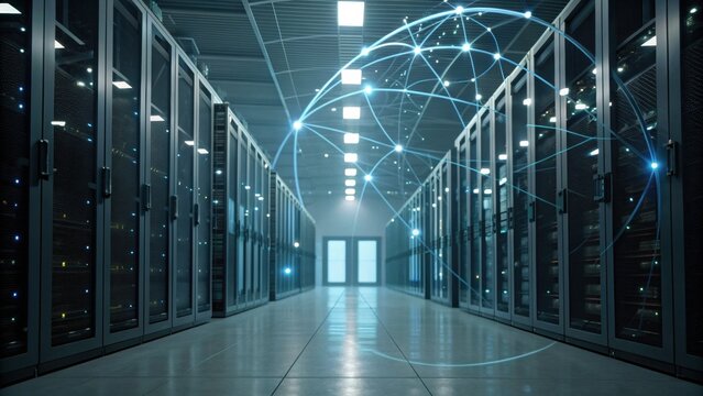 A modern data center aisle with rows of server racks, illuminated by overhead lights and featuring a digital network overlay.