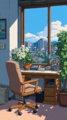 Fototapeta premium Cozy office space with a wooden desk, ergonomic chair, large window with mountain view, ideal for creative work.