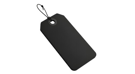 A blank black tag with a string, isolated on transparent background