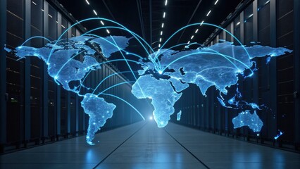 A digital map of the world with illuminated connections, set against a backdrop of server racks, symbolizing global networking and data flow.