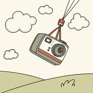 Camera hanging in the sky above rolling hills and clouds