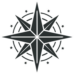 Obraz premium Striking monochrome graphic of a nautical eight-pointed star compass rose with stylized elements and star accents, conveying navigation and adventure.