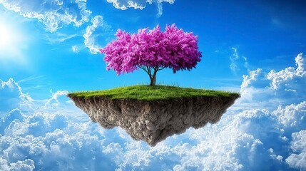 A vibrant pink tree on a grassy floating island amidst a brilliant blue sky and fluffy clouds