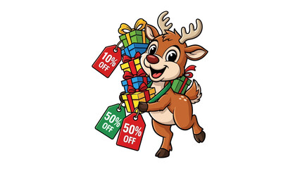 Christmas Sale: A cheerful deer, loaded with gifts, showcasing enticing sale tags during the Christmas season, captures the festive spirit and the joy of giving.