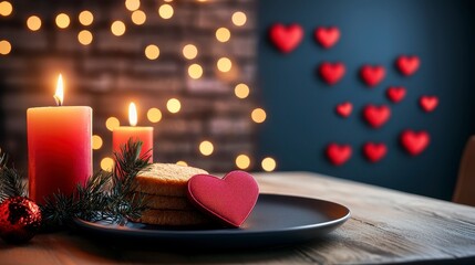 Romantic candlelight setup with heart-shaped dessert and festive decorations for a cozy evening