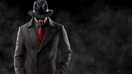 Stylish man in a fedora hat and coat against a dark, smoky background, exuding mystery and sophistication.