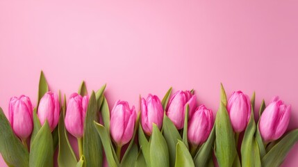 Fototapeta premium Pink tulips with green leaves create a lovely display against a pastel backdrop evoking springtime joy.