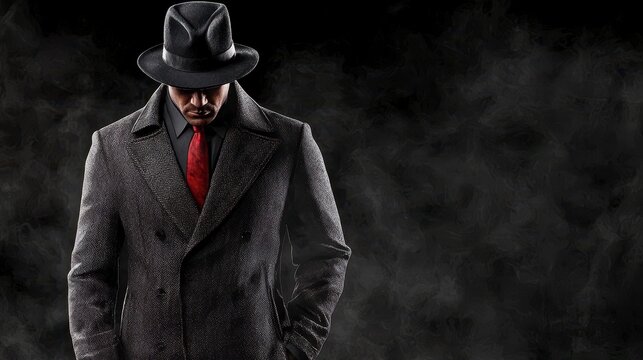 Stylish man in a fedora hat and coat against a dark, smoky background, exuding mystery and sophistication.