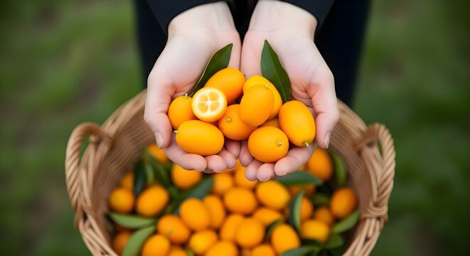 A pair of hands holds freshly picked kumquats above a basket full of vibrant orange fruits with green leaves, capturing the freshness, abundance, and natural beauty of a fruitful harvest in the orchar