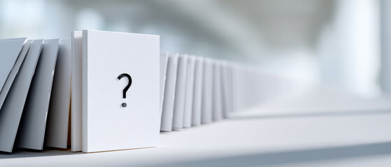 A row of white books with a question mark on the spine is falling down one by one, creating an effect similar to dominoes being knocked over in sequence.