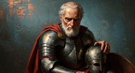 Elderly heroic warrior, holding spartan helmet in illustration art style