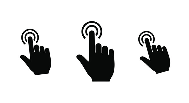 Three black silhouettes of hands pressing circular buttons or touchscreens