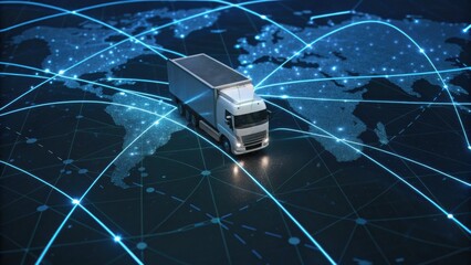 A miniature truck sits on a digital map, symbolizing global logistics and connectivity through illuminated network lines.