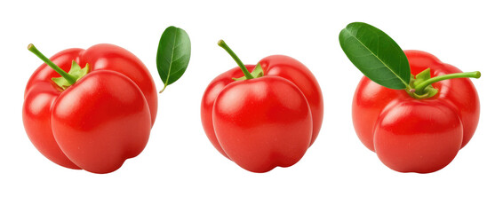 Acerola cherries, also known as Barbados cherries, are bright red, plump, and segmented fruits with glossy skin