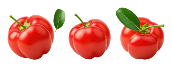 Acerola cherries, also known as Barbados cherries, are bright red, plump, and segmented fruits with glossy skin