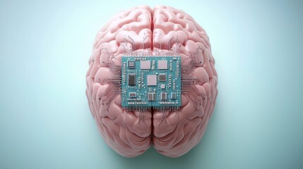 A surreal blend of technology and human intellect with a circuit board embedded in a pink brain