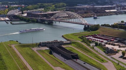 Alblasserdam, Zuid-Holland, Netherlands - 17th of September 2025; North Tunnel A15 Alblasserdam Ridderkerk with the Bridge over the North from the air