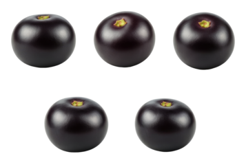Acai berries are small, dark purple, round fruits with a glossy surface