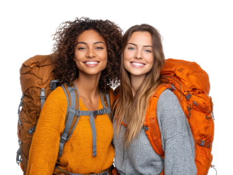Adventure enthusiasts hiking together outdoors lifestyle joyful moment isolated on transparent background - Powered by Adobe