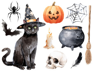 Watercolor Halloween Clipart Collection Including a Black Cat in a Witch Hat, Pumpkin Lantern, Spider, Spider Web, Bat, Candle, Cauldron, Broom, Skull, and Feather