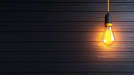 Elegant vintage light bulb glowing softly against a black wooden wall, creating a warm and inviting ambiance