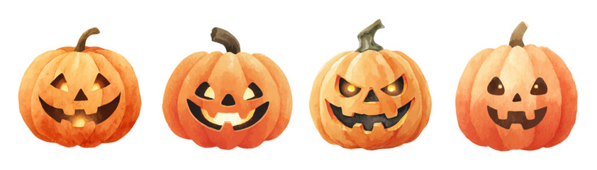 Watercolor Illustration Set of Classic Smiling Jack-o'-Lanterns with Traditional Carved Faces for Halloween Decor