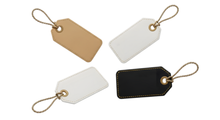 Four blank price tags, two white, one brown, and one black, isolated on transparent background