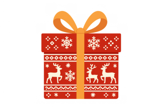 Christmas gift box displaying reindeers and snowflakes, a holiday present with festive winter pattern, transparent background