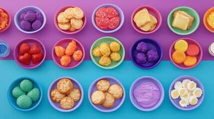 Colorful assortment of vibrant snacks and treats displayed in bowls on a bright colorful background