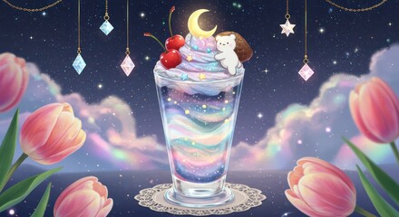 Whimsical galaxy-themed dessert parfait with whipped cream, cherries, and a cute bear, surrounded by tulips and a night sky.