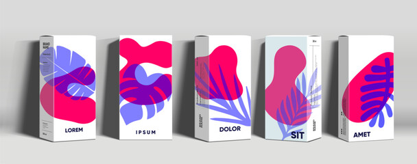 A set of five modern product packaging designs featuring abstract shapes in vibrant pink and purple hues. Each box displays unique artistic patterns, creating a visually appealing and contemporary