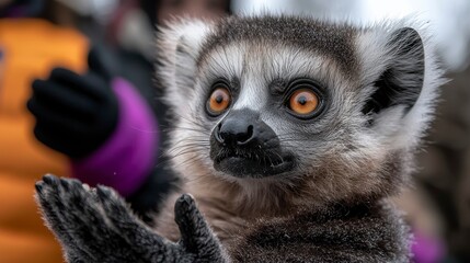 Obraz premium Curious lemur with striking orange eyes, clapping in a playful gesture amidst a vibrant, engaging environment