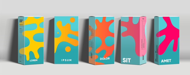 A vibrant and modern packaging design featuring five boxes with abstract, colorful patterns. Each box displays a unique combination of bright colors and organic shapes, creating an eye-catching