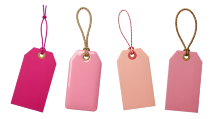 Four blank gift tags in shades of pink and peach, isolated on transparent background