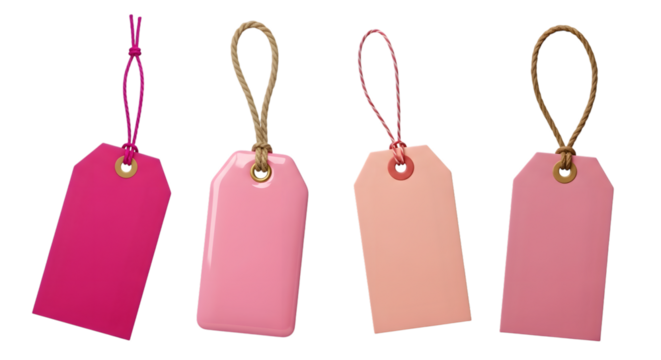 Four blank gift tags in shades of pink and peach, isolated on transparent background - Powered by Adobe