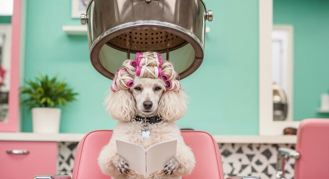 A poodle with pink hair rollers sits under a dryer at a vintage beauty salon. Funny dog grooming and pampering concept. The pet is relaxing and reading a book