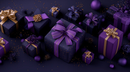 Elegant Dark Purple Christmas Gifts with Golden Ribbons