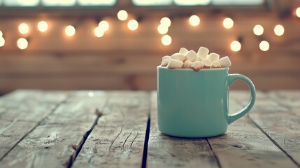 Warm cup of cocoa topped with fluffy marshmallows against a cozy bokeh background with soft twinkling lights