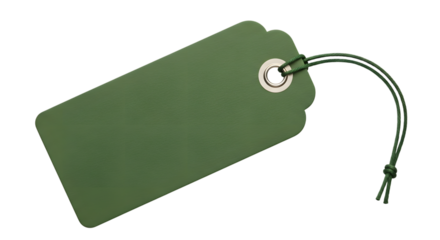 A single green cardboard tag with a string, isolated on a transparent background